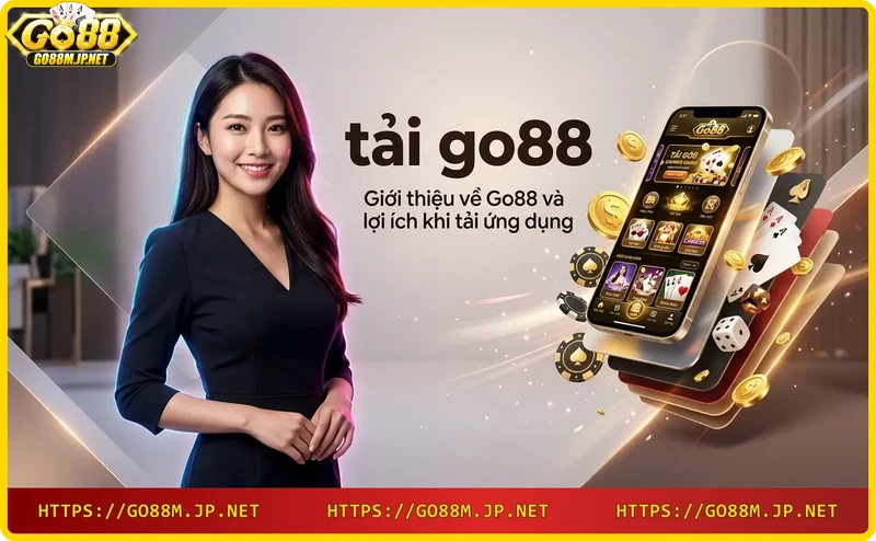 App Go88 hiển thị trên smartphone với các biểu tượng game neon, minh họa lợi ích khi tải ứng dụng