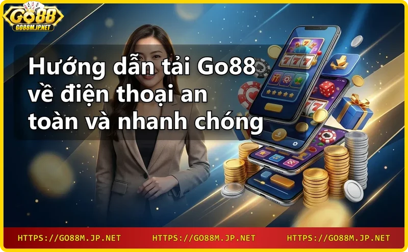 App Go88 hiển thị trên smartphone với các biểu tượng game neon, minh họa lợi ích khi tải ứng dụng