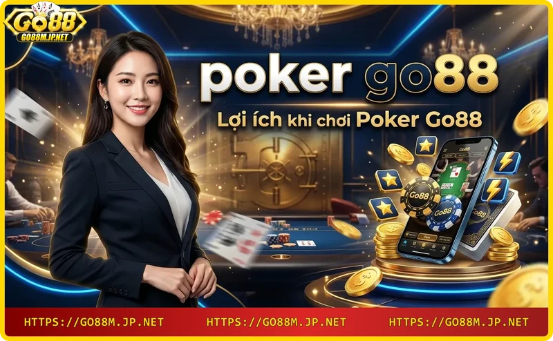 Các vật biểu trưng cho lợi ích poker: khiên bảo mật, chip vàng, hộp quà, bài thùng phá sảnh