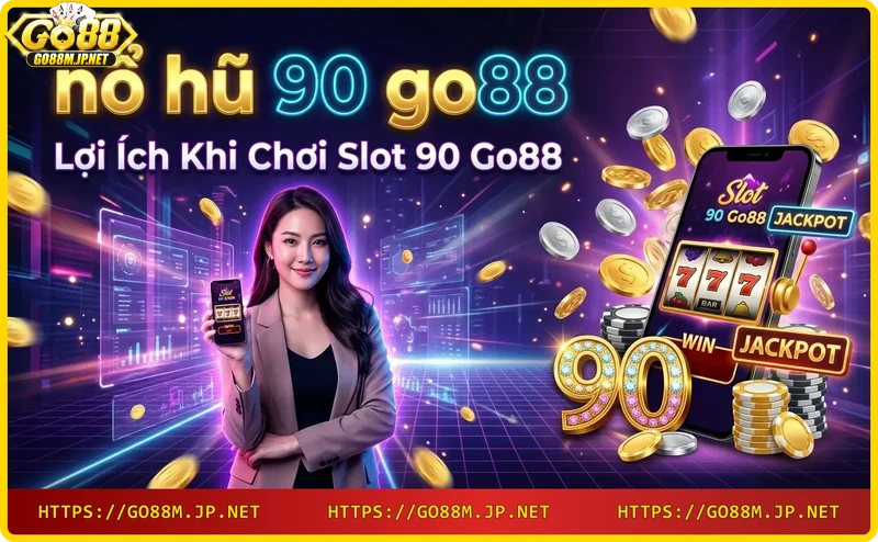Đống vàng thỏi và tiền xu phát sáng tượng trưng cho lợi ích của slot 90 Go88