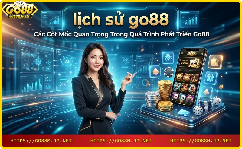 Hình ảnh bốn cột mốc phát triển của Go88 với biểu tượng vàng và hiệu ứng neon