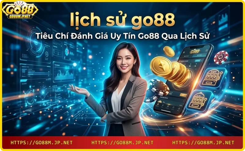 Hình ảnh minh họa uy tín Go88 qua các tiêu chí đánh giá với khiên vàng và biểu tượng neon