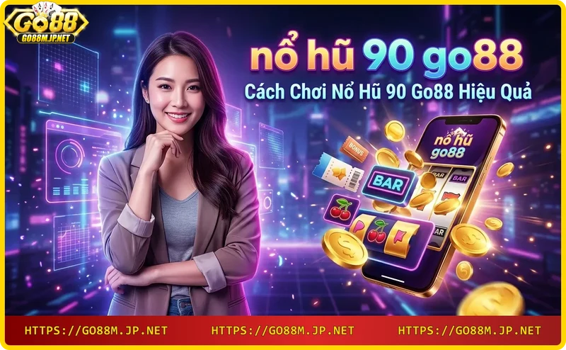 Người chơi nhấn nút quay trên máy slot nổ hũ 90 Go88 với hiệu ứng ánh sáng neon