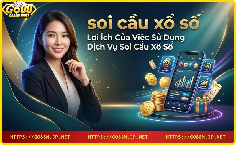 Người dùng soi cầu xổ số trên điện thoại Go88 với đồng xu vàng và biểu đồ dự đoán