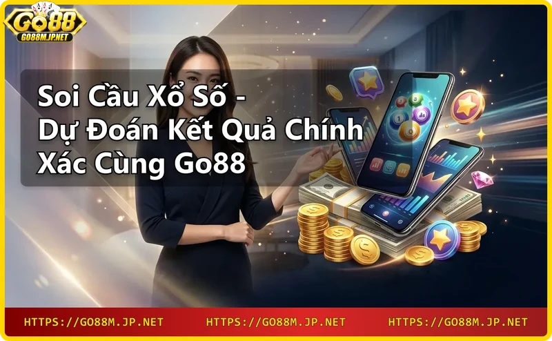 Người dùng soi cầu xổ số trên điện thoại Go88 với đồng xu vàng và biểu đồ dự đoán