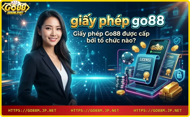 Tổ chức cấp giấy phép cho Go88 với biểu tượng vàng và các văn bản pháp lý
